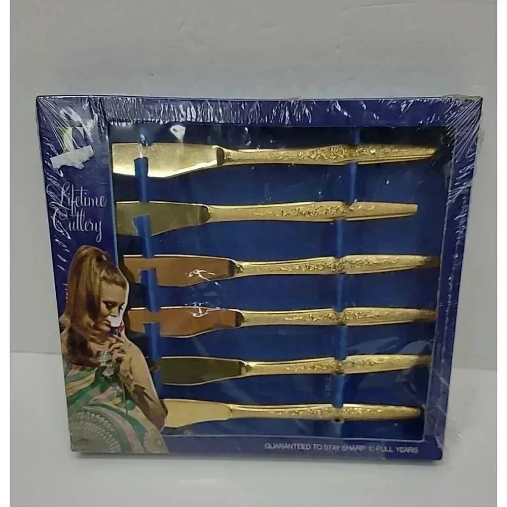 Vintage New Old Stock Lifetime Cutlery Golden Banquet Dinner Knives Set of 5